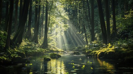 Obraz premium A forest with a stream of water running through it