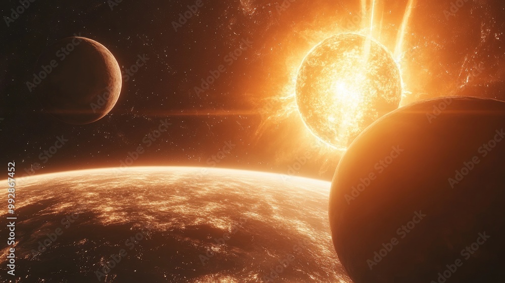 Poster close up of two planets in space with a distant sun emerging from behind fantasy and sci fi composit