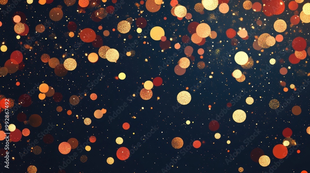 Poster red circular gold glitter confetti with sparkling particles scattered on a dark backdrop charming fe