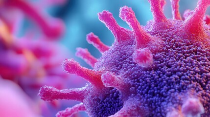 Fototapeta premium A close-up view of a virus, showcasing intricate details and vibrant colors, illustrating biological complexity and microscopic beauty.