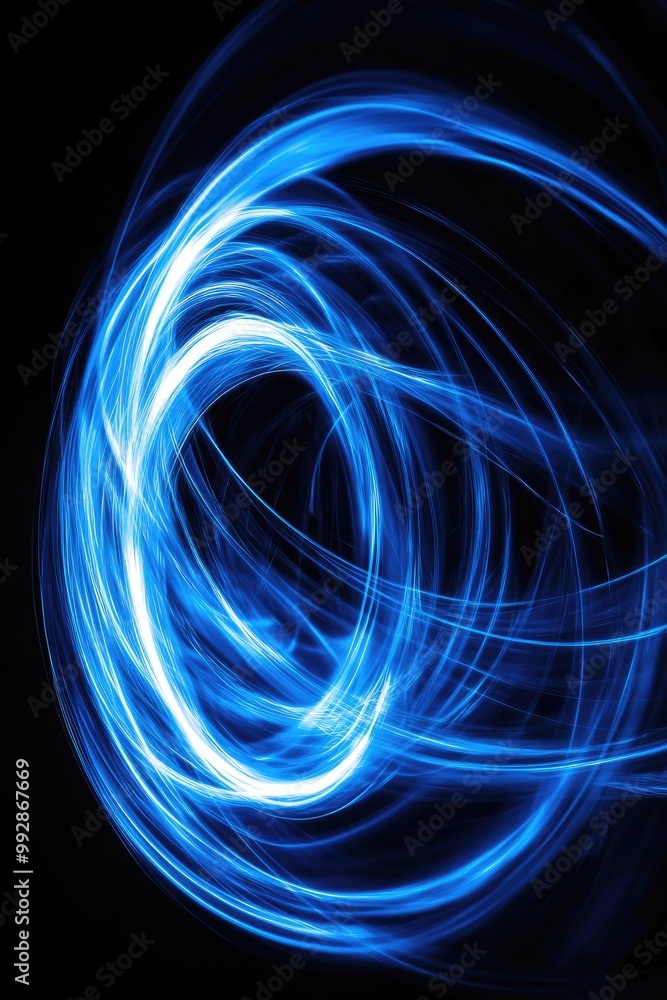 Poster abstract dynamic blue light lines forming wavy circular shapes on a black background representing th