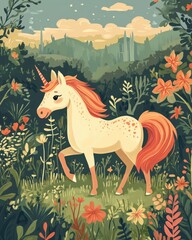 Whimsical illustration of a magical unicorn a charming horse with a horn designed for children s creativity