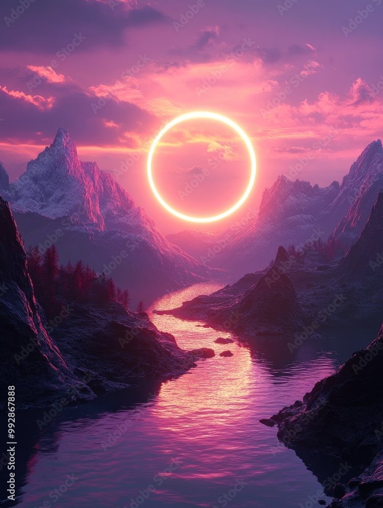 Poster fantasy 3d render featuring a mystical landscape with mountains and water complemented by an abstrac