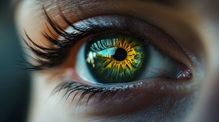 Fototapeta premium Close-up of a Green Eye with a Reflection of a Sun and Sky