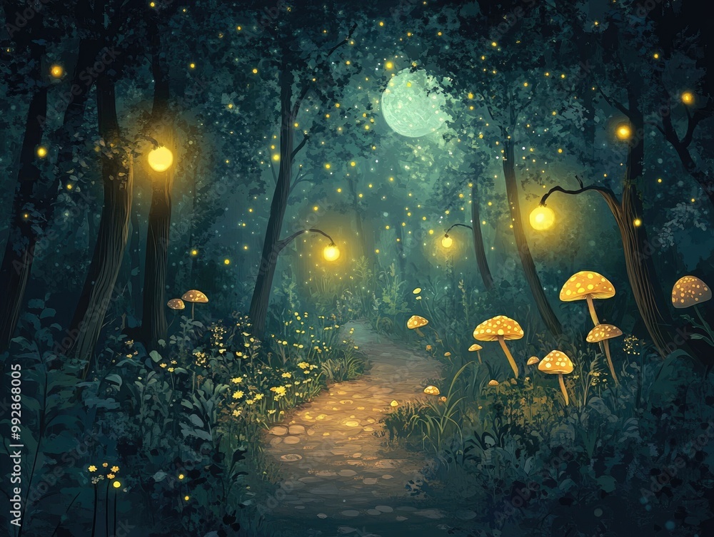 Poster enchanting night forest scene featuring trees lining a path illuminated by glowing mushrooms and glo