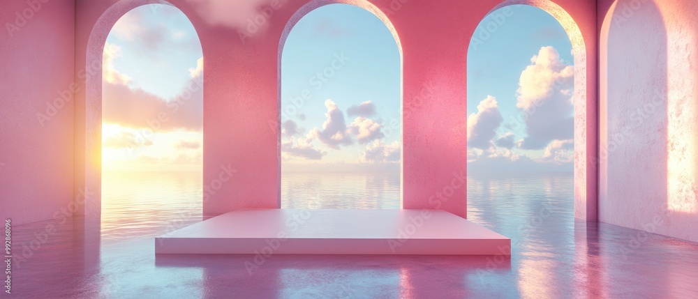 Poster abstract architectural space featuring a podium with pink clouds in a 3d render bright arches in the
