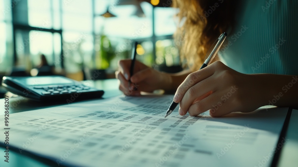 Poster a person writing notes and calculations with a calculator nearby in a bright workspace.