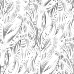 Abstract leaves and drops - charcoal graphitic black and white pattern.