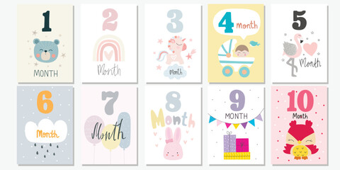 Baby monthly numbers cards. Newborn months postcards, babies milestone decor. 