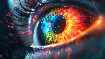 Close-up of a vibrant and colorful human eye with a fiery orange iris