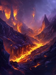 Fantasy game background featuring a volcano with flowing lava rock formations and a dangerous terrain illuminated by molten magma creating a mysterious and adventurous atmosphere