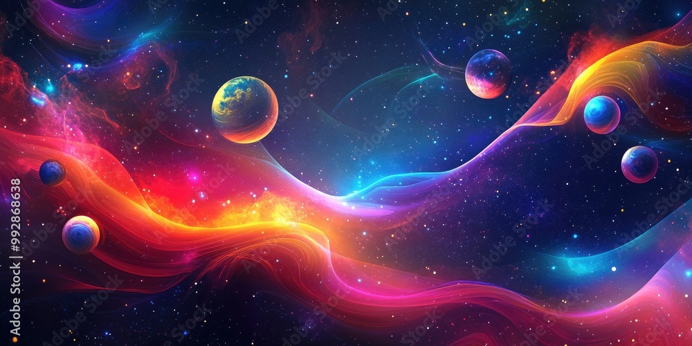 Poster vibrant abstract background featuring luminous shapes and waves showcasing a stellar explosion in sp