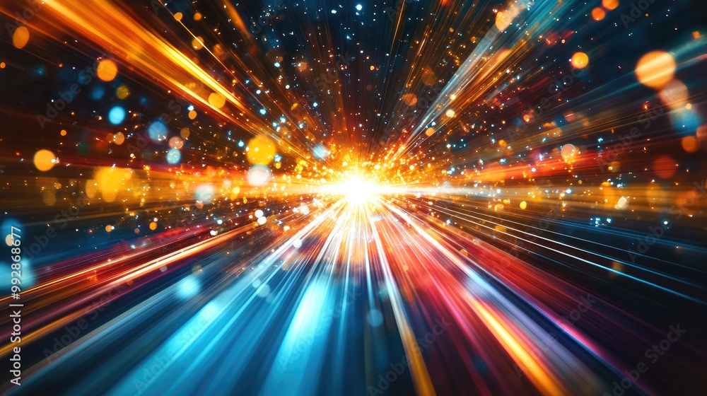 Poster vibrant rays of light converge at a central point forming a dynamic abstract scene blurred color str