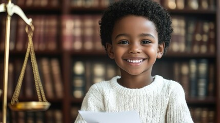 Cute dark skinned child smiling and holding court paper on table scales