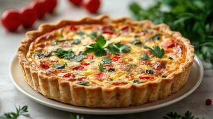 This appetizing quiche features a flaky crust filled with a rich blend of eggs, cheese, and vegetables, creating a delightful dish for any meal.