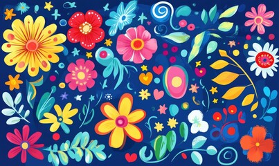 Colorful flat style 2D cartoon illustration featuring flowers swirls stars and leaves on a vibrant blue background Ideal for greeting cards Valentine s Day or wedding invitations Cheerful design p