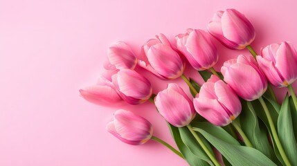 Obraz premium Pink flowers background, bouquet of tulips on a soft pink background, holiday concept, wedding, birthday, Women's Day, Mother's Day, Valentine's Day.
