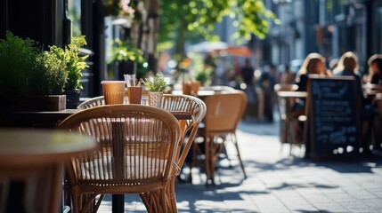 A cozy outdoor caf&eacute; scene with tables, plants, and people enjoying the atmosphere.
