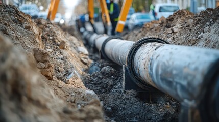 Close-up of a new sewer system installation in an urban area, showing detailed piping and excavation work