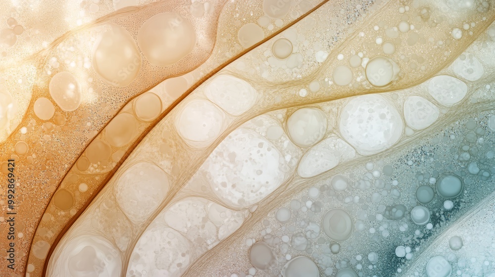 Poster abstract composition of fluid colors and soft spheres, creating a serene and modern digital backgrou
