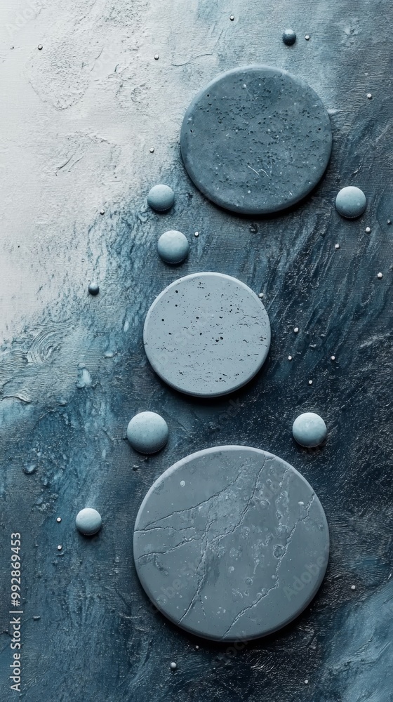 Poster abstract design featuring circular shapes and textured patterns in soothing blue tones, perfect for 