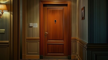 Obraz premium A wooden door with a keyhole in a well-lit hallway, suggesting privacy and mystery.