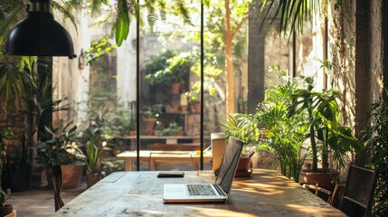 Fototapeta premium A serene workspace with a laptop amidst lush greenery and natural light.