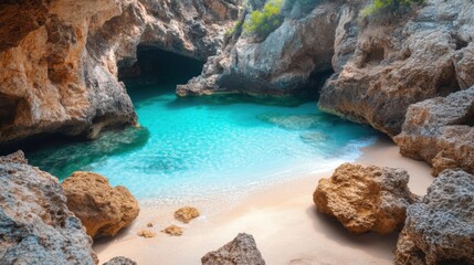 A rocky beach with a blue body of water in the middle