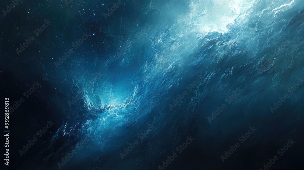 Poster blue toned space fantasy artwork featuring a gradient of brightness from light to dark evoking a spo