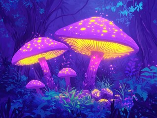 Fototapeta premium Fantasy purple mushroom featuring yellow growths illustrated in a 2D cartoon style Luminous and toxic it resembles a whimsical fairy tale scene with colorful neon highlights