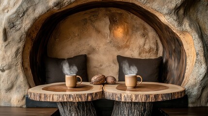 Obraz premium Cozy coffee setup with steaming mugs on rustic wooden tables in a natural stone environment, perfect for relaxation.