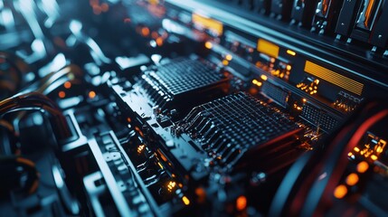 Obraz premium Close-up view of a high-tech server farm construction, with focus on the cooling systems and network cabling