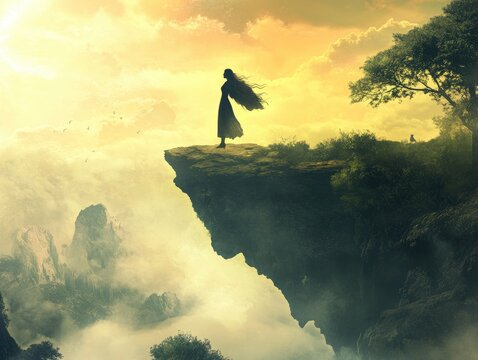Fantasy landscape featuring a woman poised on a levitating rock created in a digital art illustration style