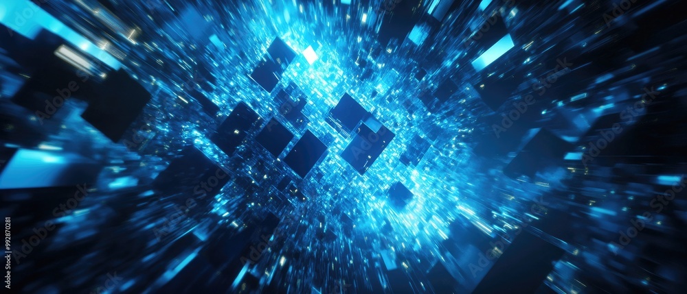 Poster abstract blue digital technology backdrop featuring a multitude of randomly arranged glowing rectang