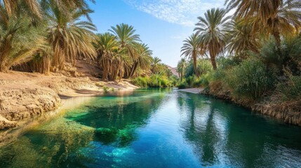 A river with palm trees on either side