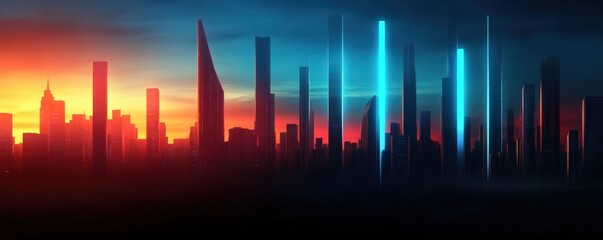 A stunning city skyline illuminated by vibrant colors at sunset, showcasing modern architecture and a futuristic atmosphere.