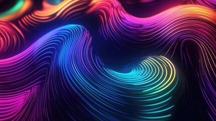 Fototapeta premium 3D rendering of abstract surreal art featuring curved wavy spirals and twisted concentric lines of glowing tungsten filament in a vibrant rainbow gradient against a dark backdrop