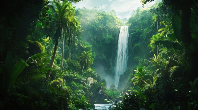 A lush green jungle with a waterfall in the background - Powered by Adobe