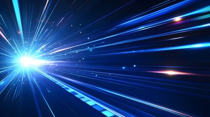 Vector Abstract, science, futuristic, energy technology concept. Digital image of light rays, stripes lines with blue light, speed and motion blur over dark blue background. 