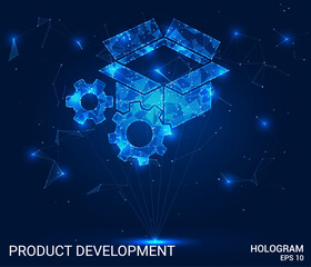 Hologram product development. Product development made of polygons, triangles, dots, and lines. Low-poly product development structure of connections. Technology concept vector.