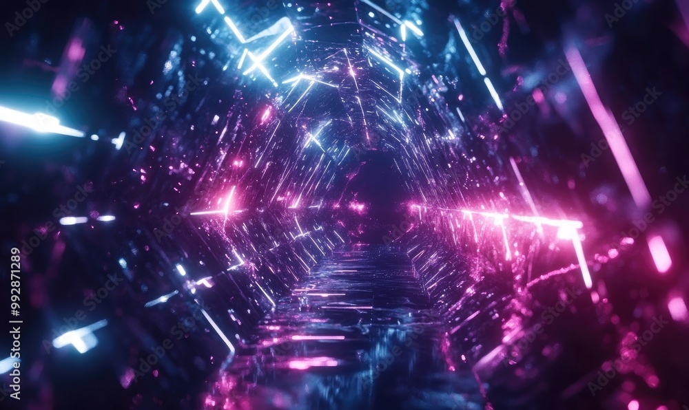 Poster futuristic flight through a luminous polygonal tunnel glowing brightly against a backdrop of deep sp