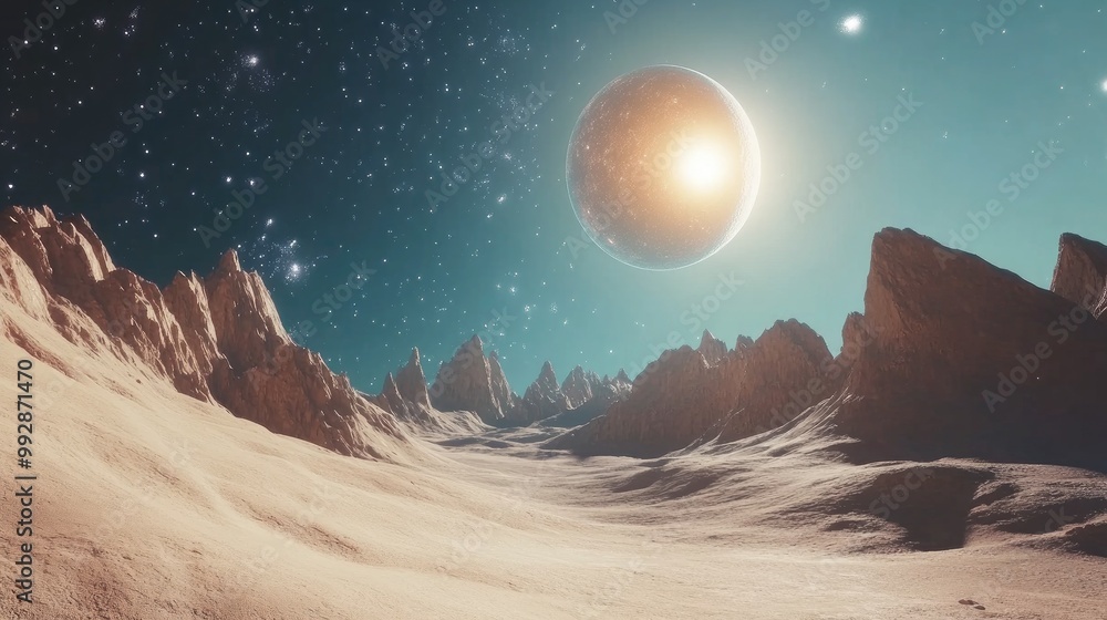 Poster 3d rendering of a surreal landscape featuring a prominent planet in the sky surrounded by stars crea