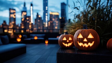Fototapeta premium Brightly lit Halloween pumpkins on a rooftop with a city skyline at dusk, creating a festive autumn atmosphere.