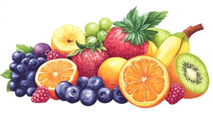 A vibrant collection of fresh fruits, including strawberries, blueberries, raspberries, oranges, a banana, a kiwi, an apple, and grapes.