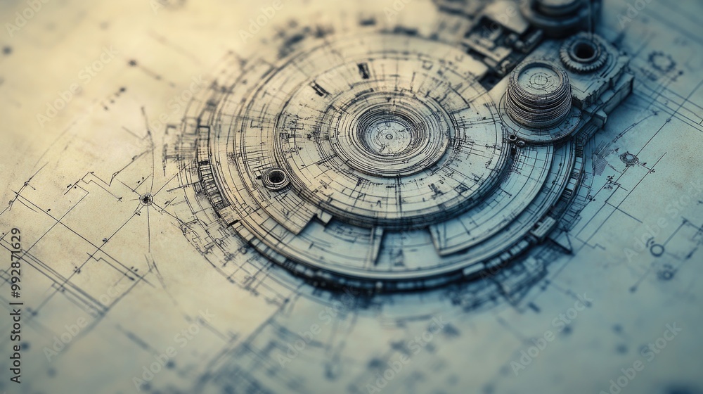 Poster blueprint of an imaginative steampunk machine featuring an abstract fractal design