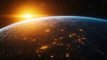 Obraz premium Sunrise over Earth from space with illuminated cities at night digital illustration