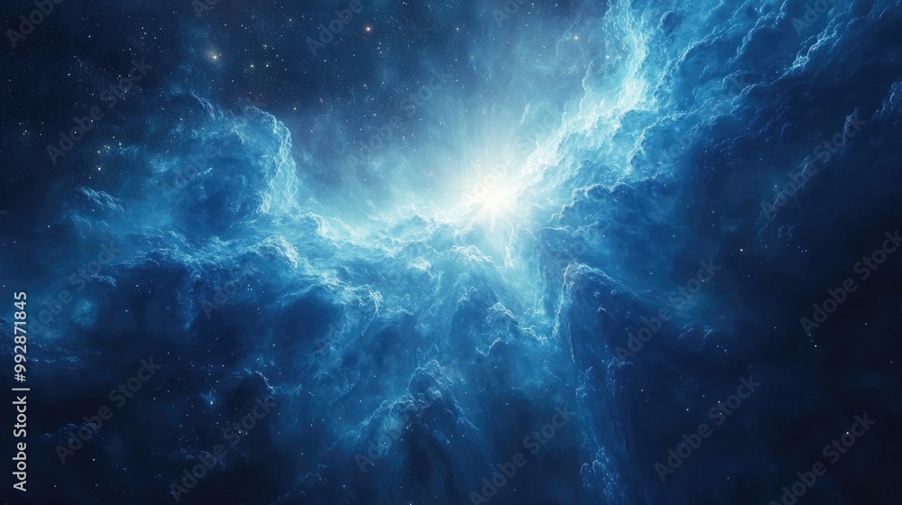 Poster blue toned space fantasy artwork featuring a gradient of brightness from light to dark evoking a spo