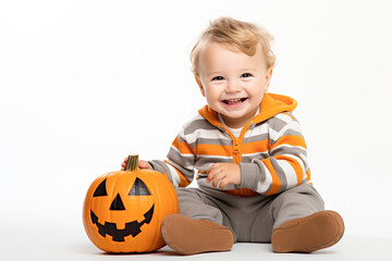 A baby is sitting on a white background with a pumpkin and a pumpkin face