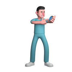 Cartoon Style Hospital Nurse. A male nurse is standing with his left hand holding a watch while right hand pointing to the clock. 3D Male