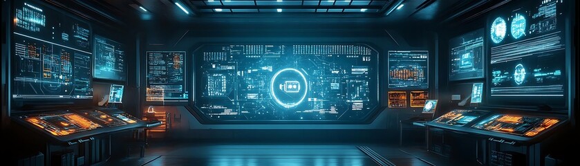 Futuristic Technology Center Illustration: A Hub of Data Analysis, Monitoring, and Control